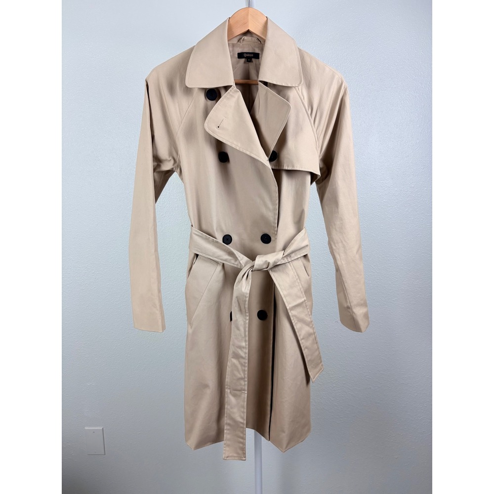 Quince Organic Cotton Double Breasted Comfort Stretch Trench Coat Khaki Small